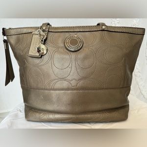 Coach F19409 Taupe Metallic Leather Stitch Monogram Tote Shoulder Bag Purse